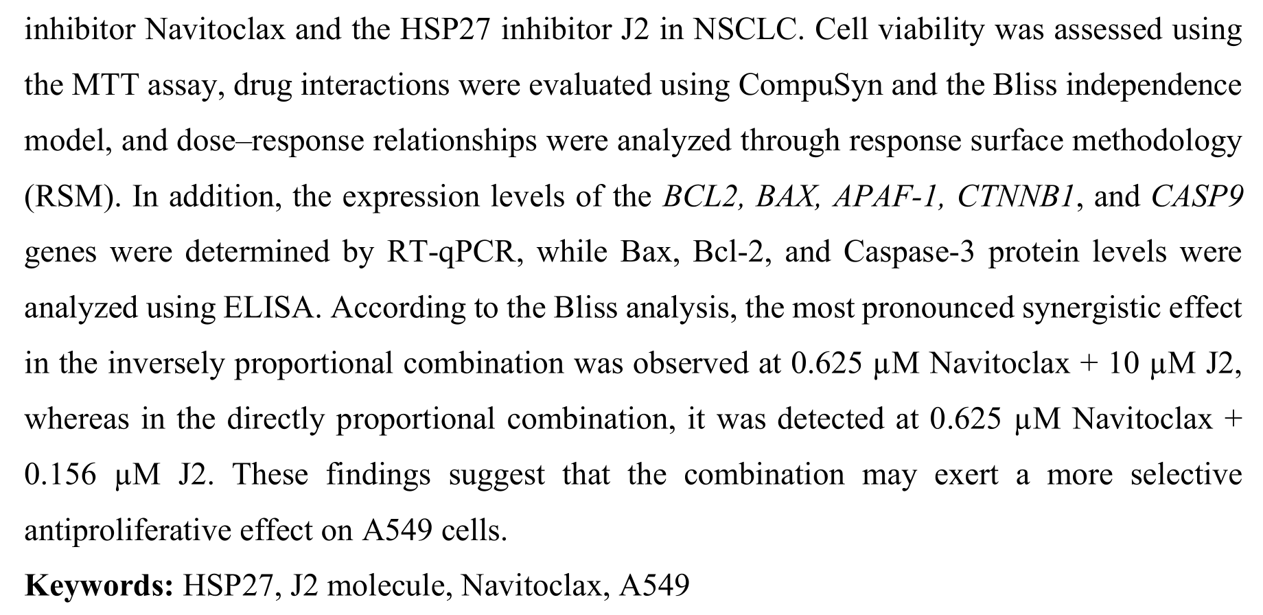 Investigation of the in vitro synergistic anticancer effects of the BCL-2 inhibitor navitoclax and the HSP27 inhibitor J2 on lung adenocarcinoma — Figure 3