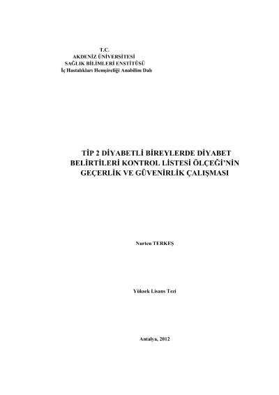 Assess the reliability and validity of the diabetes symptoms checklist scale among Turkish tip 2 diabetes mellitus patients — kapak